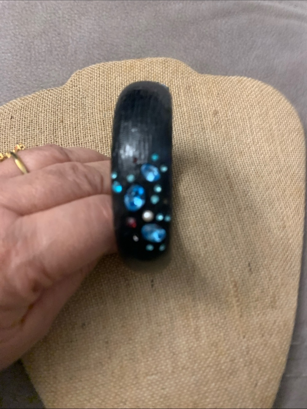 NWOT Black Wood Bangle with Blue Crystal Accents - Unbranded